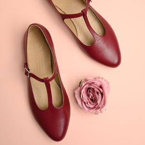 Burgundy Leather Mary Jane Flats: Retro T-Bar Shoes
