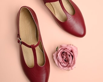 Burgundy Leather Mary Jane Flats: Retro T-Bar Shoes