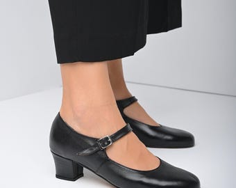 Handmade Leather Mary Jane Heels, Women's Black Shoes