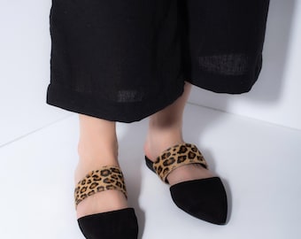Black Suede Leather Mules with Leopard Print - Handmade in Greece