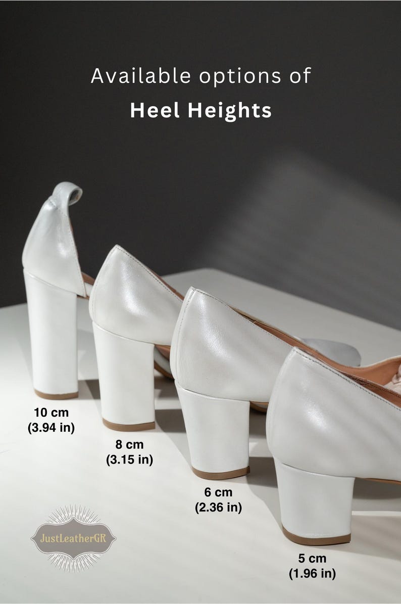 May include: Four pairs of white heeled shoes with different heel heights. The heels are 5 cm (1.96 in), 6 cm (2.36 in), 8 cm (3.15 in), and 10 cm (3.94 in).