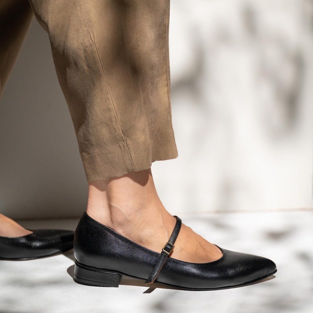 Handmade Leather Mary Jane Flats, Women's T Strap Shoes, Black - Etsy