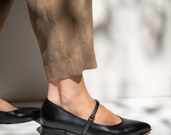 Handmade Leather Mary Jane Flats, Women's T Strap Shoes, Black