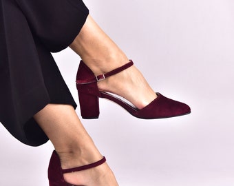 Buy Handmade Velvet Wedding Shoes: Burgundy Block Heel Bridal