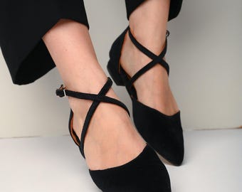 Black Velvet Ballet Flats: Handmade Leather Mary Jane Shoes