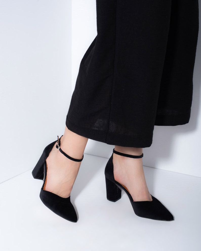 velvet block heel pumps