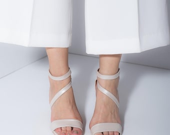 Ivory Leather Wedding Sandals: Handmade Block Heel Bridal Shoes