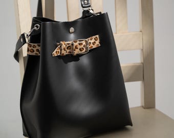 Handmade Leather Bucket Bag: Black Cinch Bag with Leopard Detail