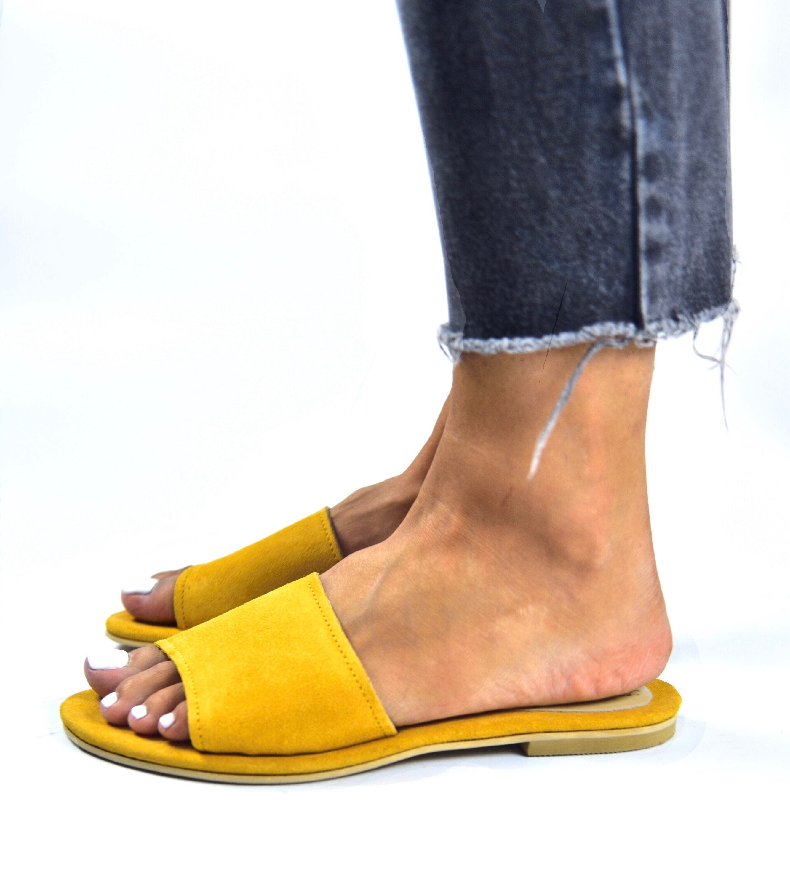 yellow suede slides