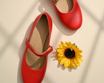 Women’s Mary Jane flats – red genuine leather shoes, round toe, retro style