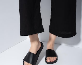 Black Leather Greek Sandals: Handmade "Ophelia" Slides