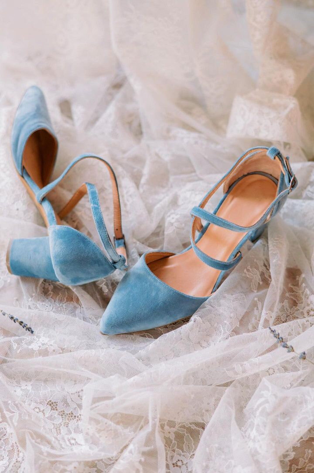 Handmade Velvet Ankle Strap Heels: Bridal Blue Leather Shoes