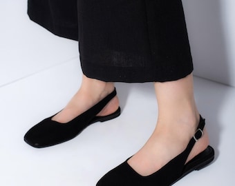 Black Leather Slingback Flats: Square Toe Shoes, Handmade Greek Pumps
