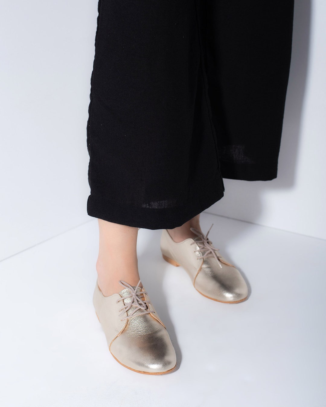 Gold Oxford Woman Shoes, Gold Shiny Leather Shoes, Leather Shoes ...