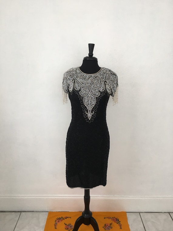 SCALA Beaded Black Formal Pearl Dress