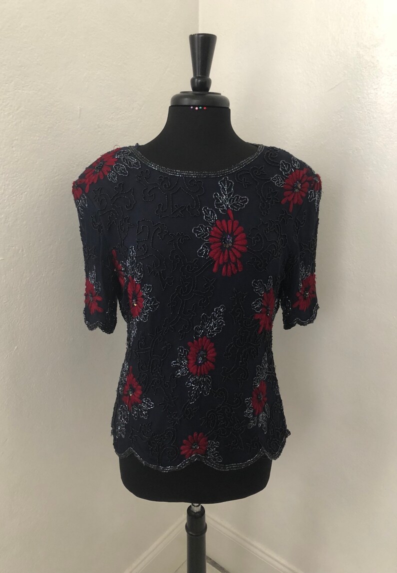 navy blue sequin blouse