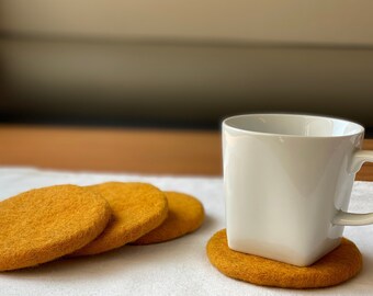 Felted Wool Tea Coasters - 4 pcs Set (Handmade in Nepal) / Wool Coasters / Yellow Tea Coasters/ Mother’s Day gift