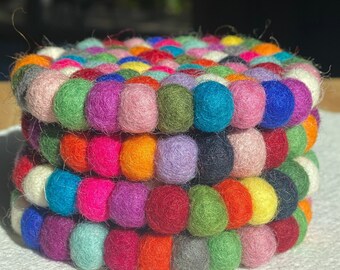 Felted Wool Tea Coasters - 4 pcs Set (Handmade in Nepal) / PomPom Coasters/Mother’s Day Gift