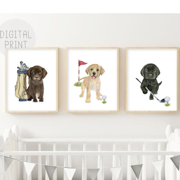 Set of 3 Golf Nursery Decor, PRINTABLE, Labrador Puppy Prints, Baby Boy Room Nursery Décor, Golf Nursery Wall Art, Golf Theme Nursery Art