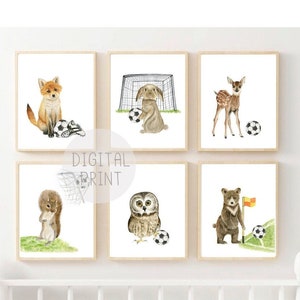 Set van 6 voetbal kwekerij print, printable, bos dieren spelen voetbal, jongenskamer kinderkamer decor, gender neutrale dieren sport kunst aan de muur