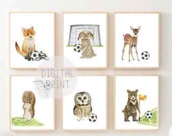 サッカー動物の保育園プリント、水彩画の森6枚セット（デジタルダウンロード）