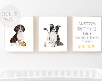 Impresiones personalizadas de acuarela de cachorros deportivos, juego de 3 (descarga digital)