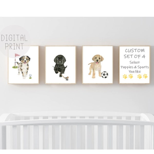 Custom Set of 4 Puppy and Sports Prints, PRINTABLE, Nursery Wall Art, Gender Neutral Nursery Decor
