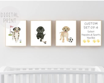 Aangepaste aquarelprints voor puppy's en sport, set van 4 (digitale download)