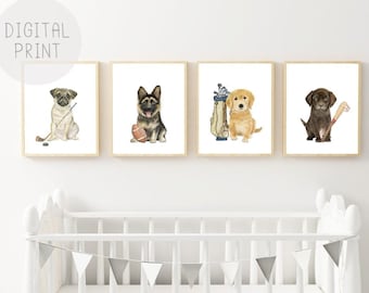 Sports Puppy Nursery Print Set, Watercolor Dog Art (Digital Download)
