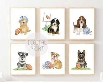 Set of 6 Football Nursery Print, PRINTABLE, Puppy Dogs Play Football, Baby Boy Room Nursery Décor, Gender Neutral Animals Football Wall Art