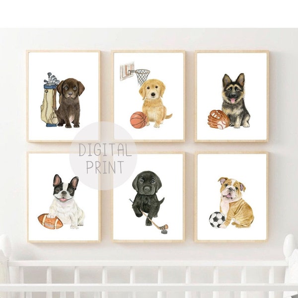 Nursery Dog Prints Set of 6 Sports Nursery Décor PRINTABLE Watercolor Puppy Painting Puppies Playing Sports Baby Room Wall Art