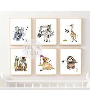 Golf Safari Animals Nursery Prints, Set of 6 (Digital Download)