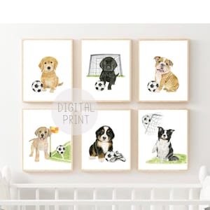 Set van 6 voetbal kinderkamer prints, AFDRUKBAAR, puppy voetballen, jongenskamer kinderkamer inrichting, genderneutrale sport kunst aan de muur, voetbal kinderkamer prints