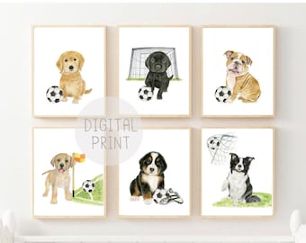 Soccer Puppy Watercolor Nursery Prints, Set of 6 (Digital Download)