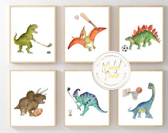 Dinosaur Sports Nursery Prints, Baby Boy Room Decor (Set of 6)