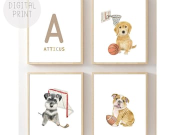 Custom Baby Name Sports Puppy Art Prints, Set of 4 (Digital Download)