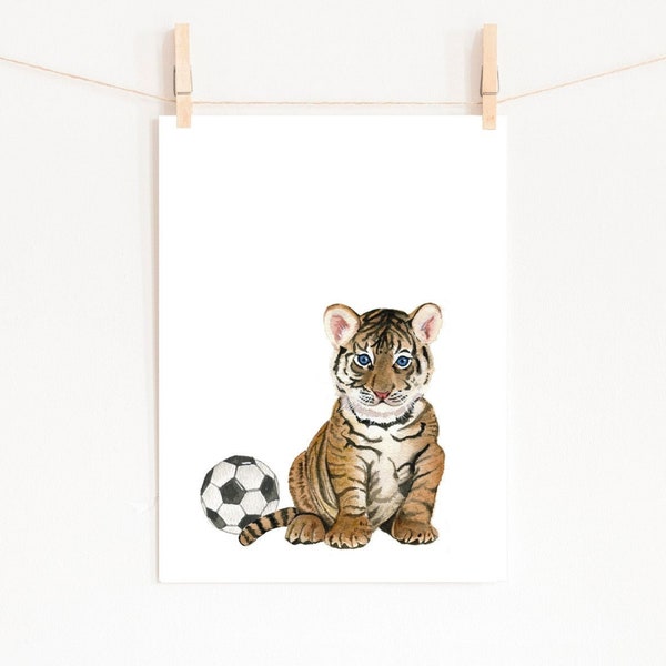 Watercolor Tiger Cub Print, Soccer Nursery Art (Digital Download)