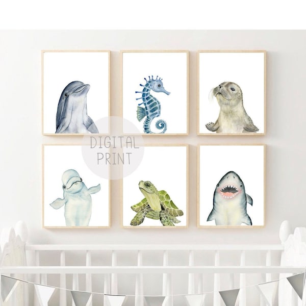 Set of 6 Ocean Nursery Decor, PRINTABLE, Ocean Animals Art, Under the Sea Wall Art, Gender Neutral Nursery, Nautical Nursery Prints