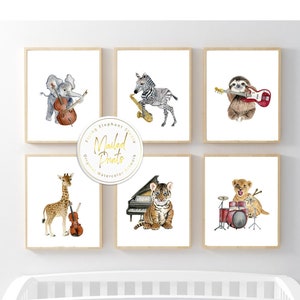 Safari Animals with Musical Instruments Prints, Set of 6 Music Theme Nursery Wall Art, Neutral Nursery Art, Jazz Prints, Animals Symphony