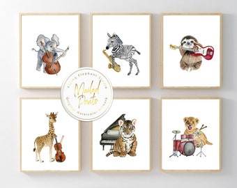 Safari Animals with Musical Instruments Prints, Set of 6 Music Theme Nursery Wall Art, Neutral Nursery Art, Jazz Prints, Animals Symphony