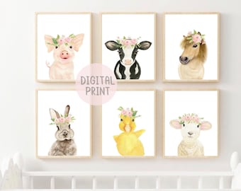 Set of 6 Girl Nursery Decor PRINTABLE Baby Girl Nursery Wall Art Farm Baby Animals Prints Pink Flowers Crown Baby Animals Prints