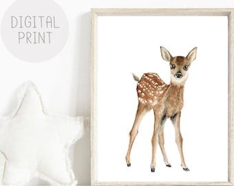 Deer Nursery Watercolor Print, Fawn Animal Art (Digital Download)