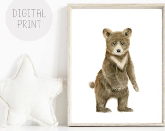 Baby Bear Watercolor Print, Woodland Nursery Art (Digital Download)
