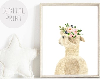 Alpaca Flower Crown Watercolor Nursery Print (Digital Download)