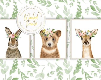 Woodland Animals Nursery Prints, Bear, Deer, Rabbit Set