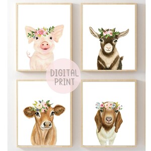 Set of 4 Farm Nursery Prints, PRINTABLE, Baby Girl Nursery Wall Art, Farm Baby Animals with Flower Crown, Watercolor Animals, Goat Print