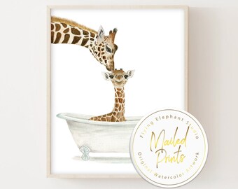 Giraffe in Bathtub Art Print, Kids Bathroom Decor