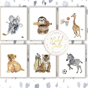 Animals Playing Sports Prints, Set of 6 Sports Theme Nursery Wall Art, Baby Boy Nursery Decor, Basketball, Baseball, Hockey, Golf Prints