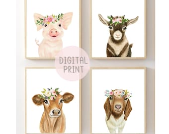 Farm Animal Watercolor Prints, Flower Crown, Nursery Art (Digital Download)