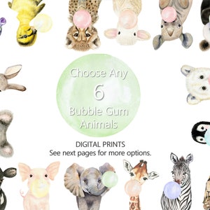 Custom Set of 6 Bubble Gum Animal Prints, PRINTABLE, Animals with Bubble Gum, Rainbow Color Nursery Art, Bubble Gum Animals Wall Art